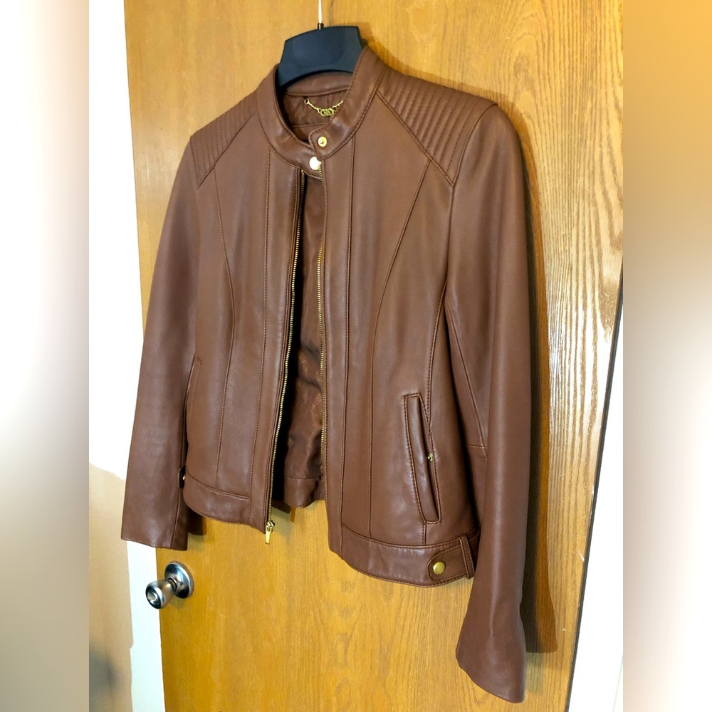 Cole Haan Brown Genuine Lamb Skin Leather Jacket With Gold Details